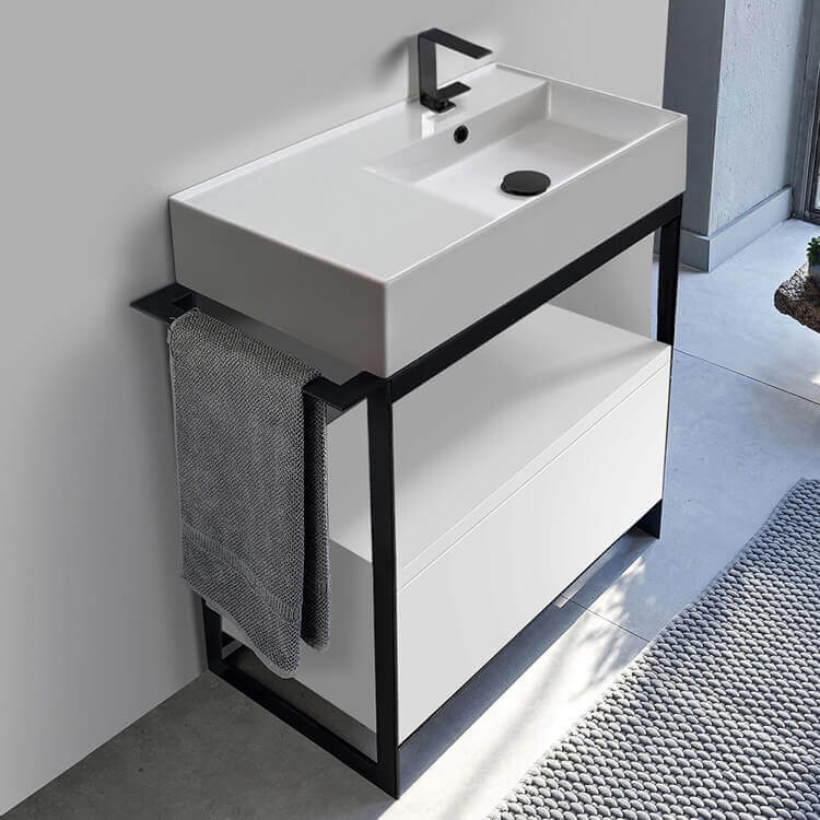 Scarabeo 5118-SOL1-01-One Hole Console Sink Vanity With Ceramic Sink and Glossy White Drawer